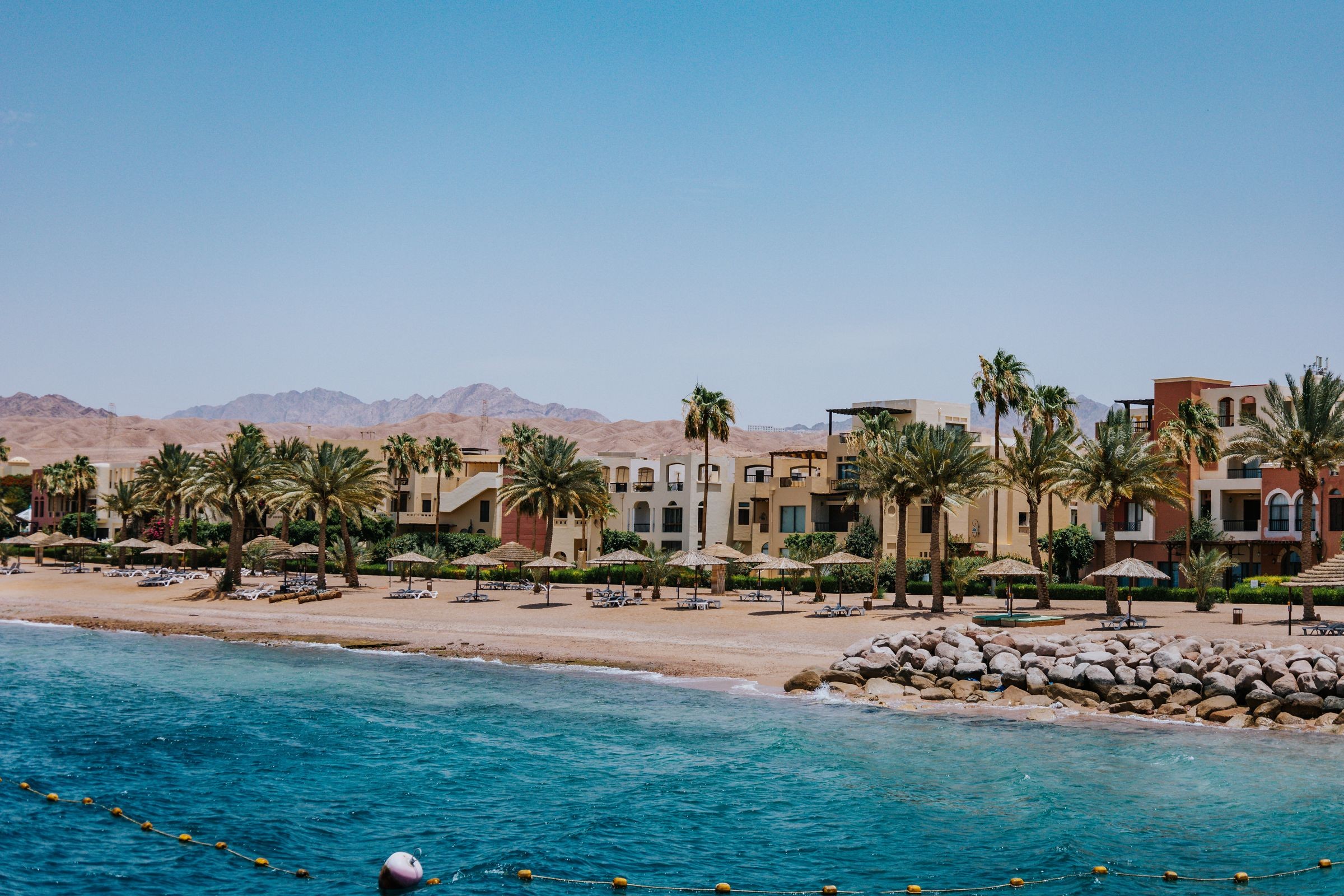 Palm-lined beach and resort buildings beside the sea in Aqaba.