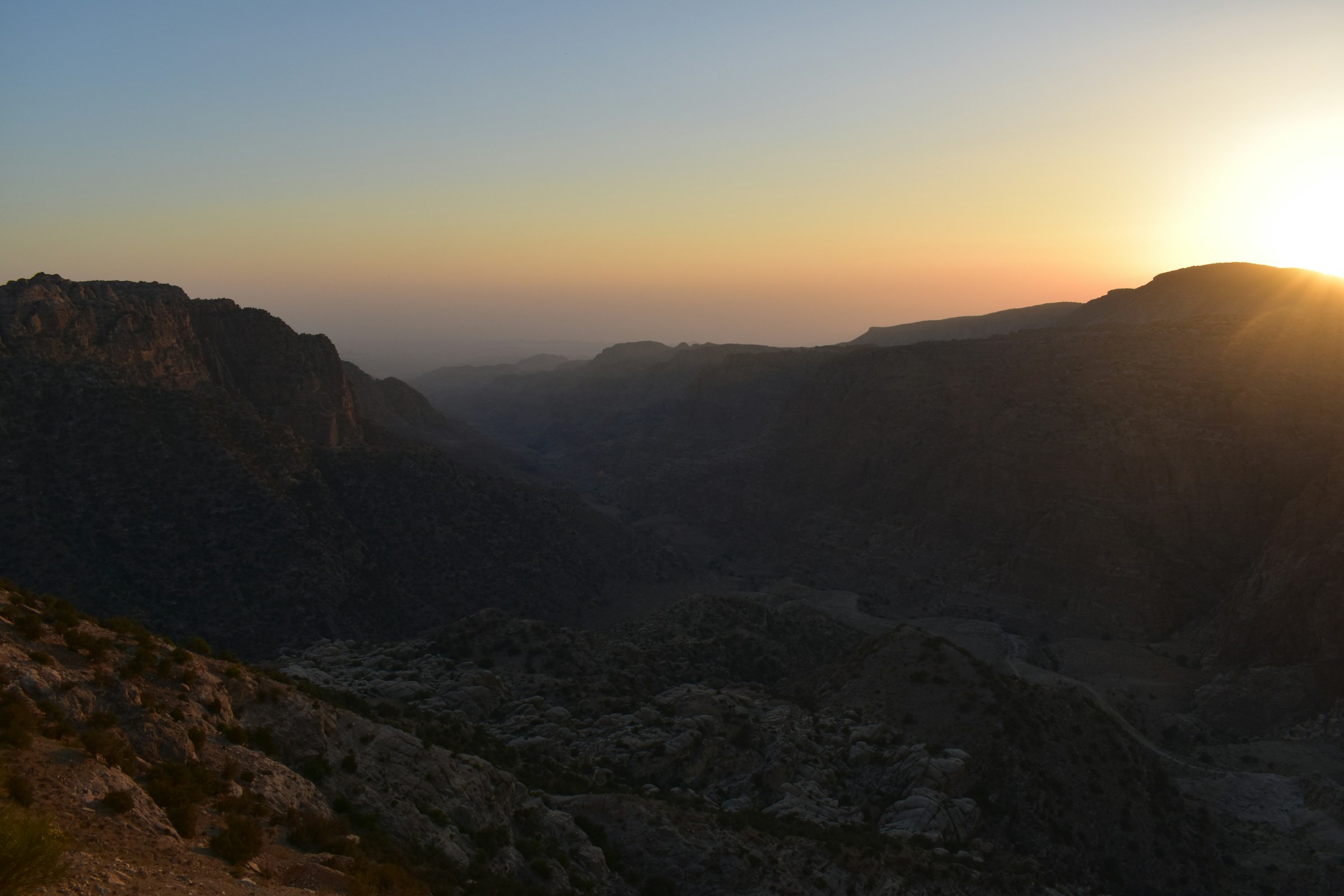 Sunset over the mountains and valley of Dana Biosphere Reserve.