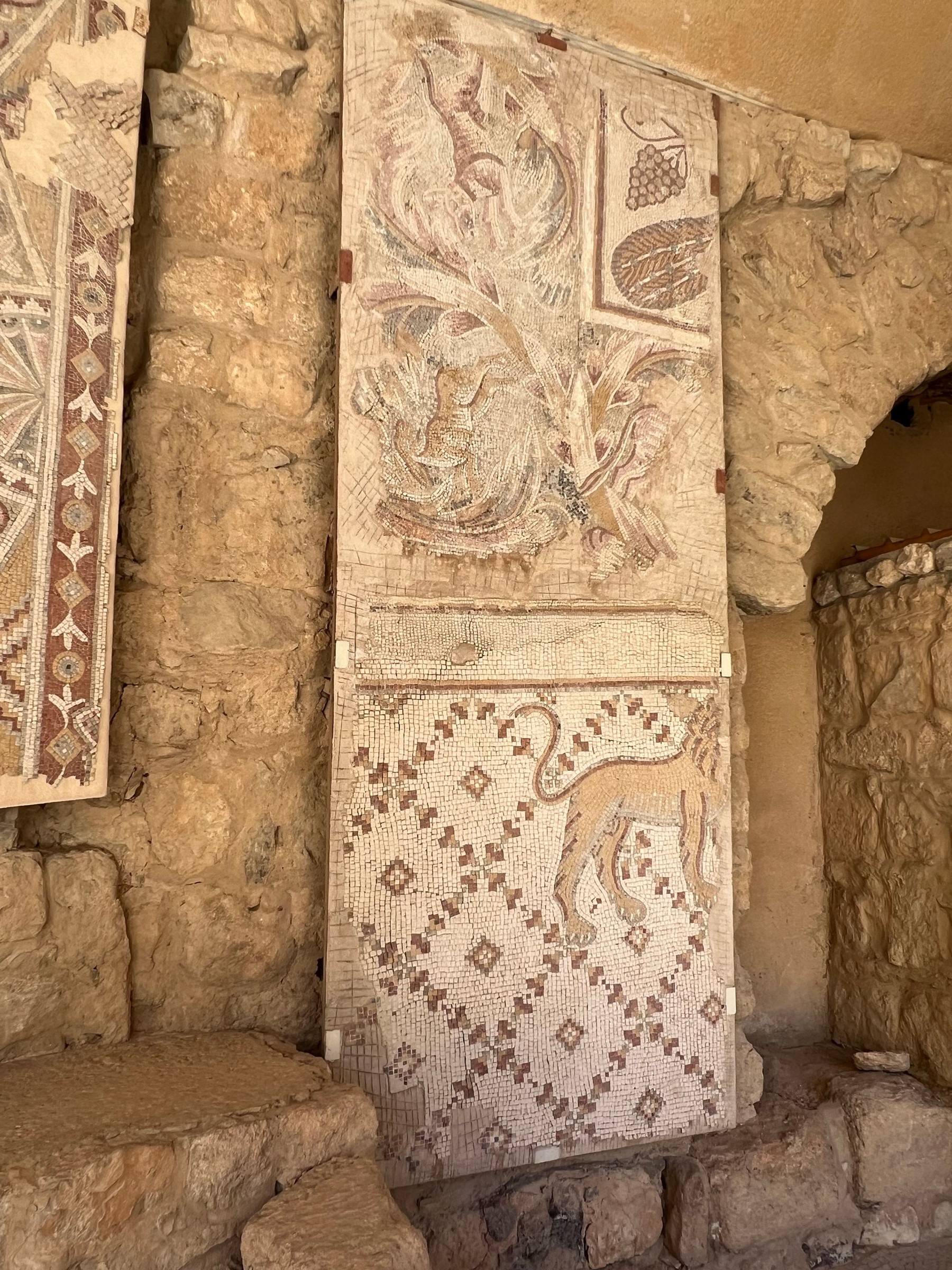 Historic mosaic panel with animal and plant designs in Madaba.