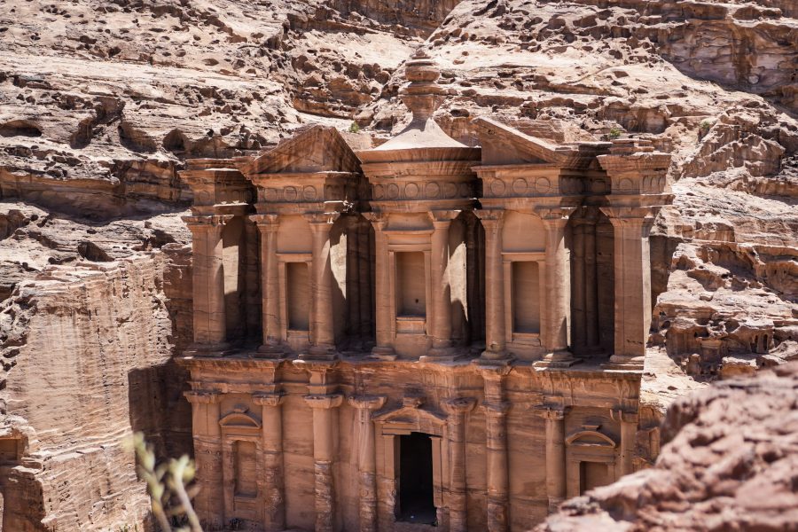 The Monastery at Petra carved into the sandstone cliffs in Jordan