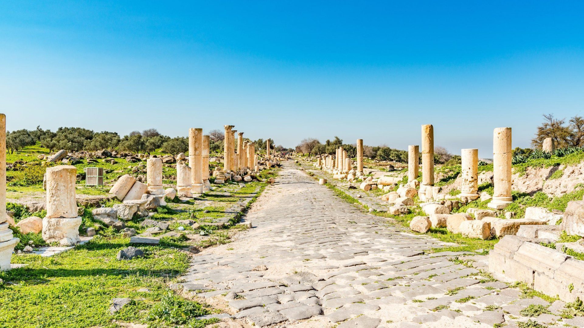 Ancient Roman columns and archaeological ruins of Jerash Jordan