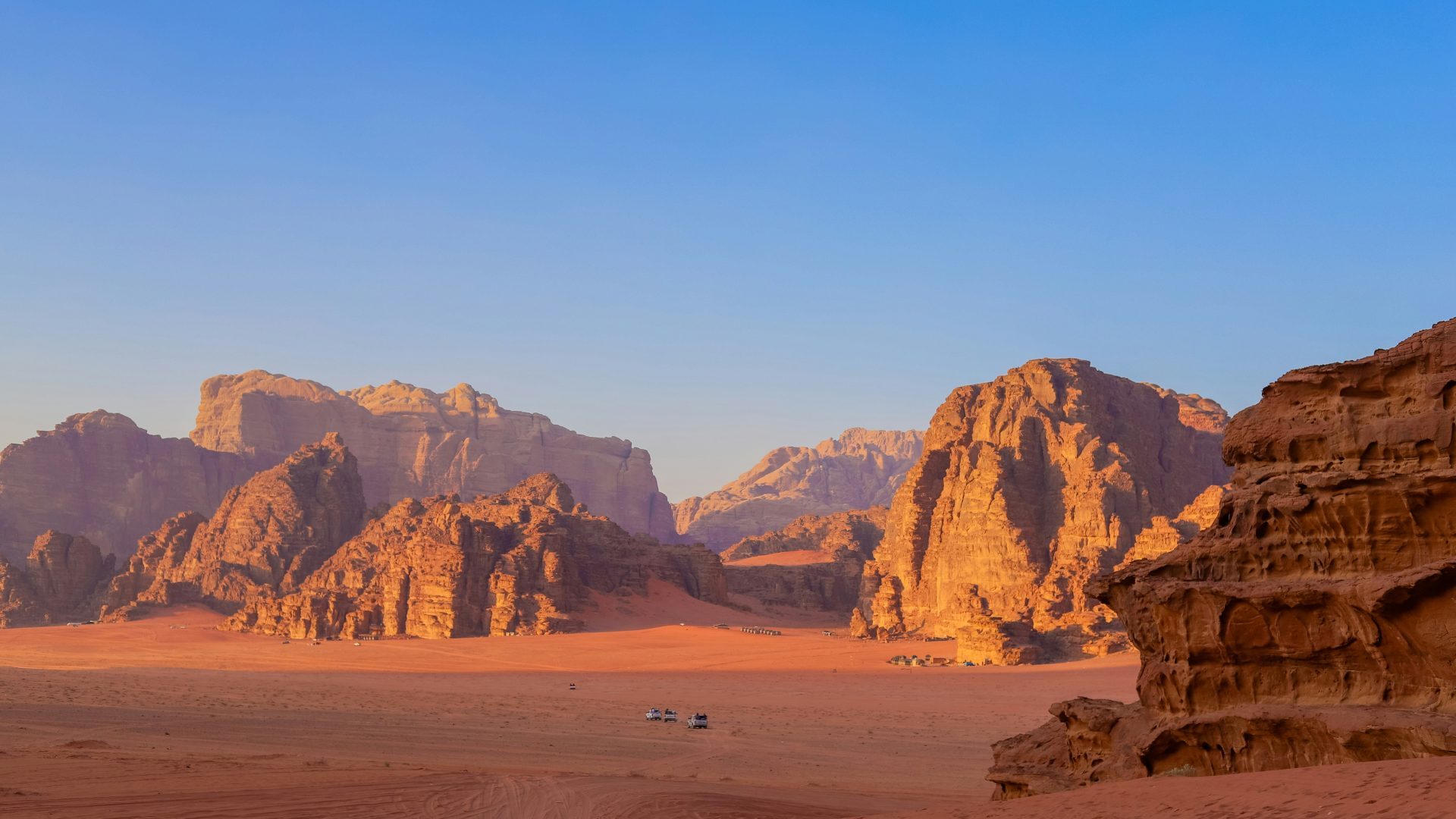 Sandstone mountains and desert landscape of Wadi Rum Jordan