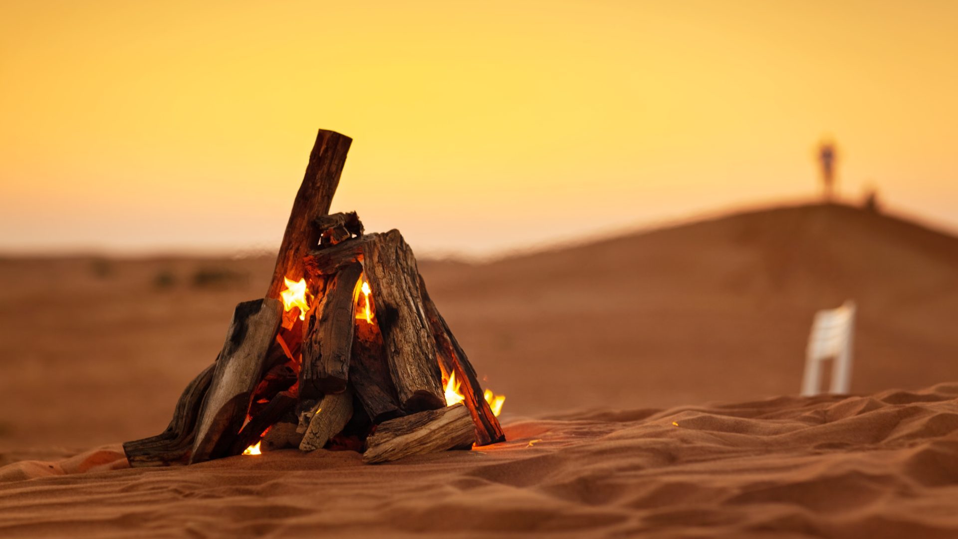 Desert campfire at sunset in Wadi Rum, Jordan, burning wood on golden sand with a warm desert landscape in the background
