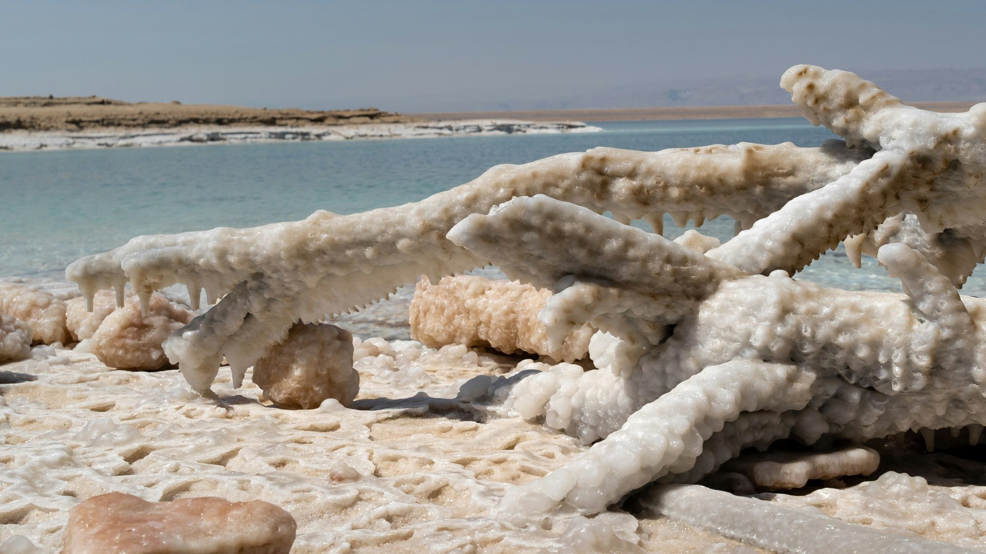 Natural salt crystal formations along the Dead Sea shoreline in Jordan