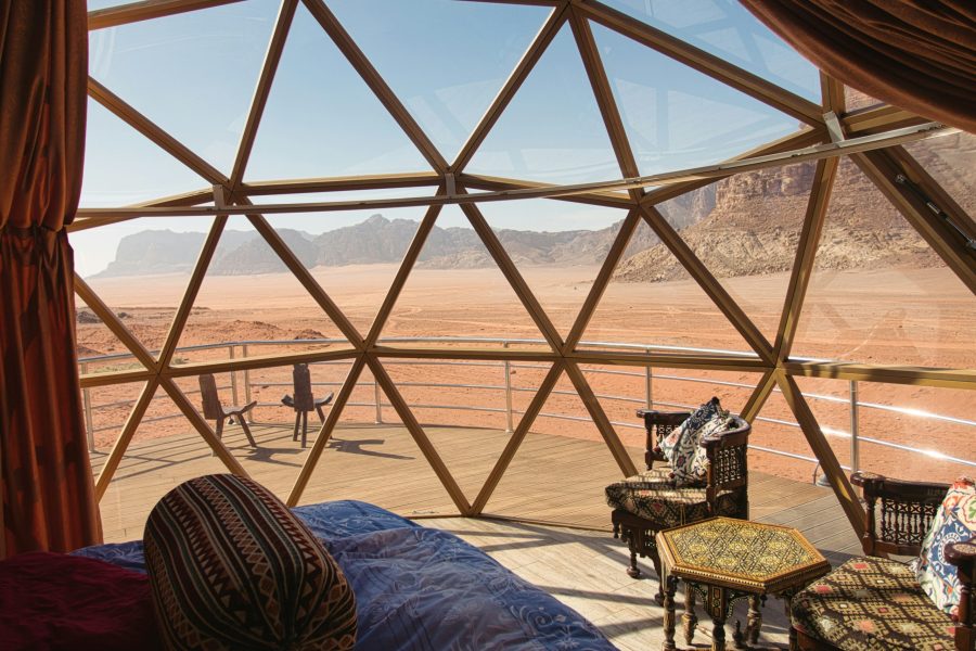 Luxury dome accommodation overlooking the Wadi Rum desert in Jordan
