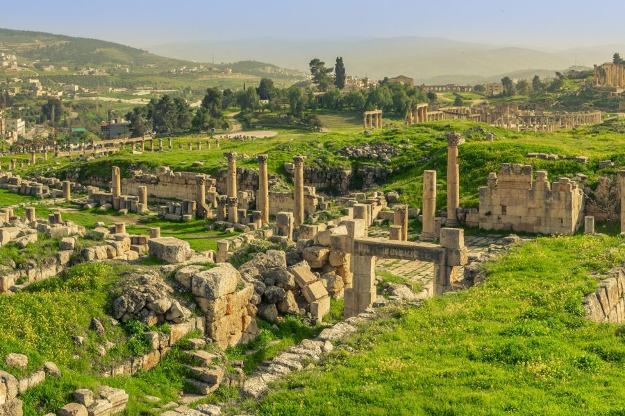 Panoramic view of the ancient Roman ruins of Jerash in Jordan