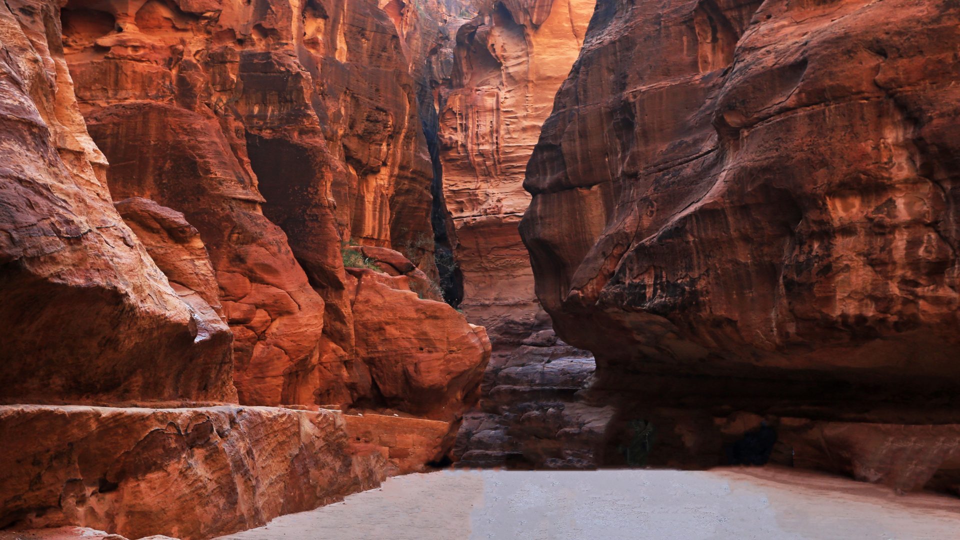 The Siq in Petra, Jordan, dramatic narrow canyon passage with towering rose-red sandstone cliffs and ancient rock formations