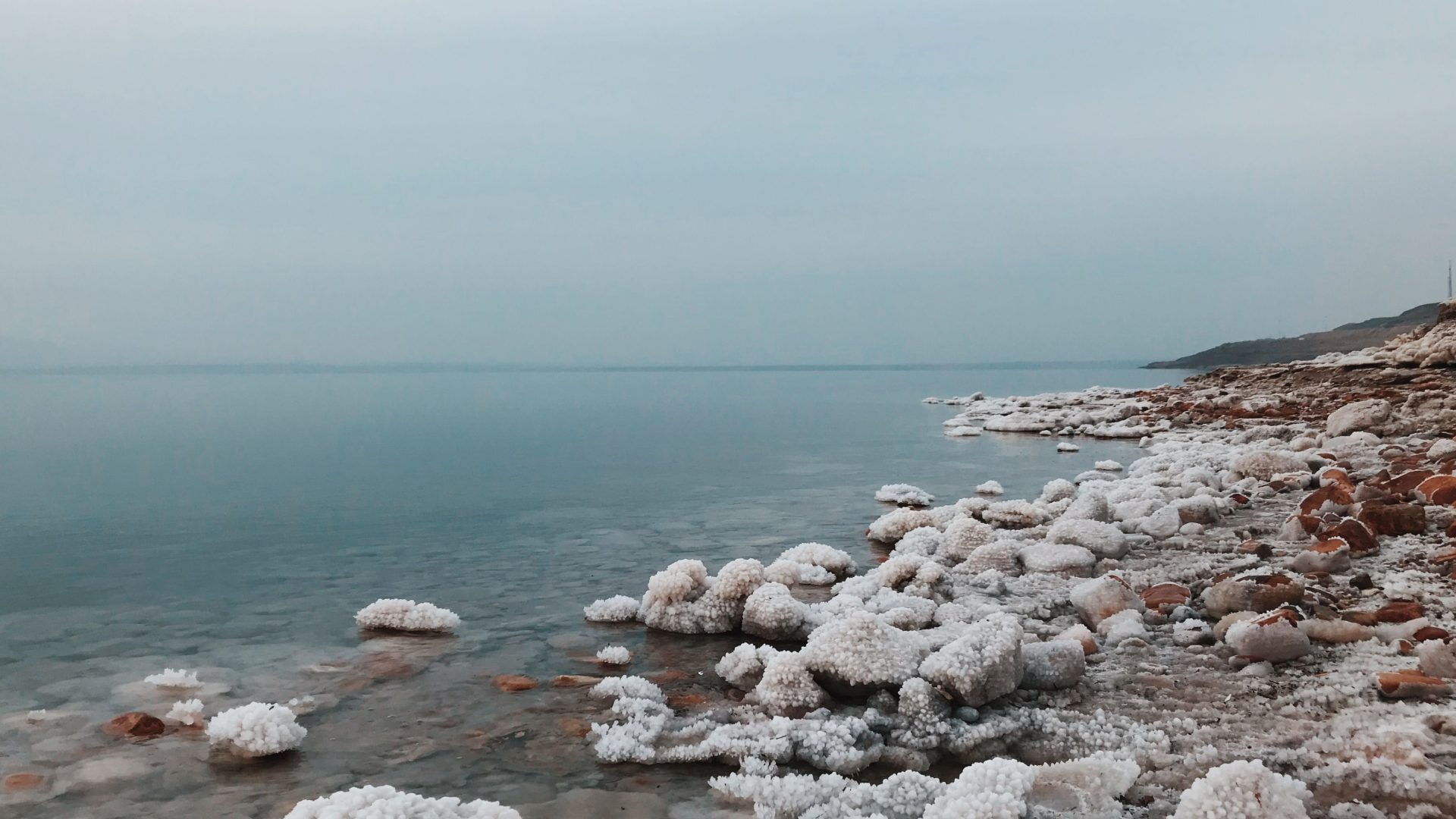 Natural salt formations along the Dead Sea shoreline in Jordan