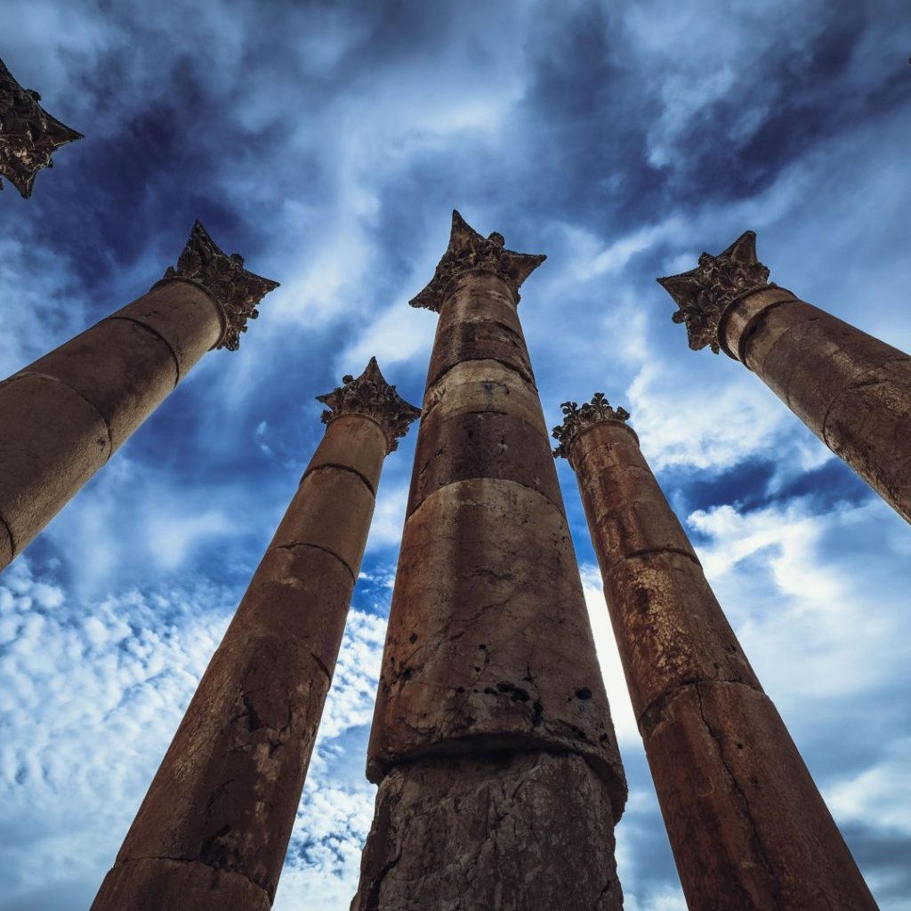 Ancient Roman columns at Jerash archaeological site in Jordan