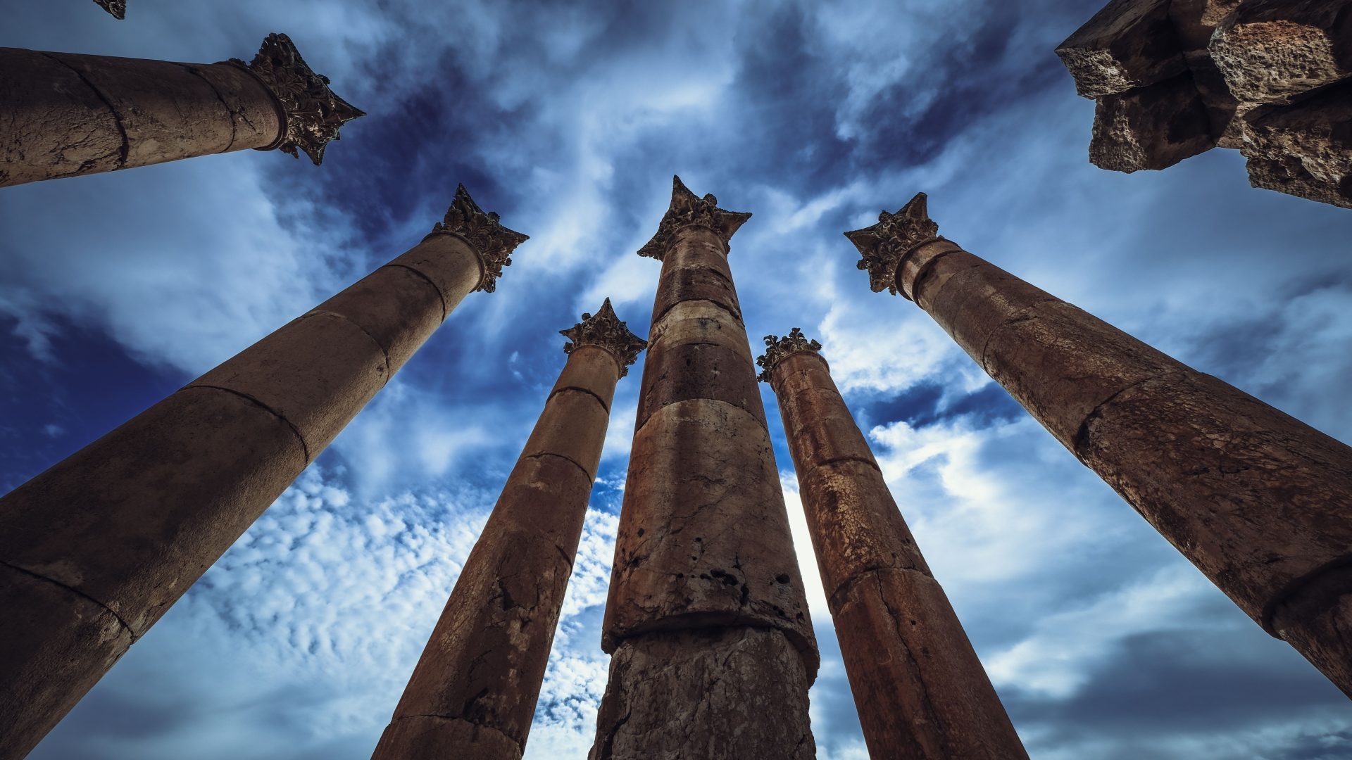 Ancient Roman columns at Jerash archaeological site in Jordan