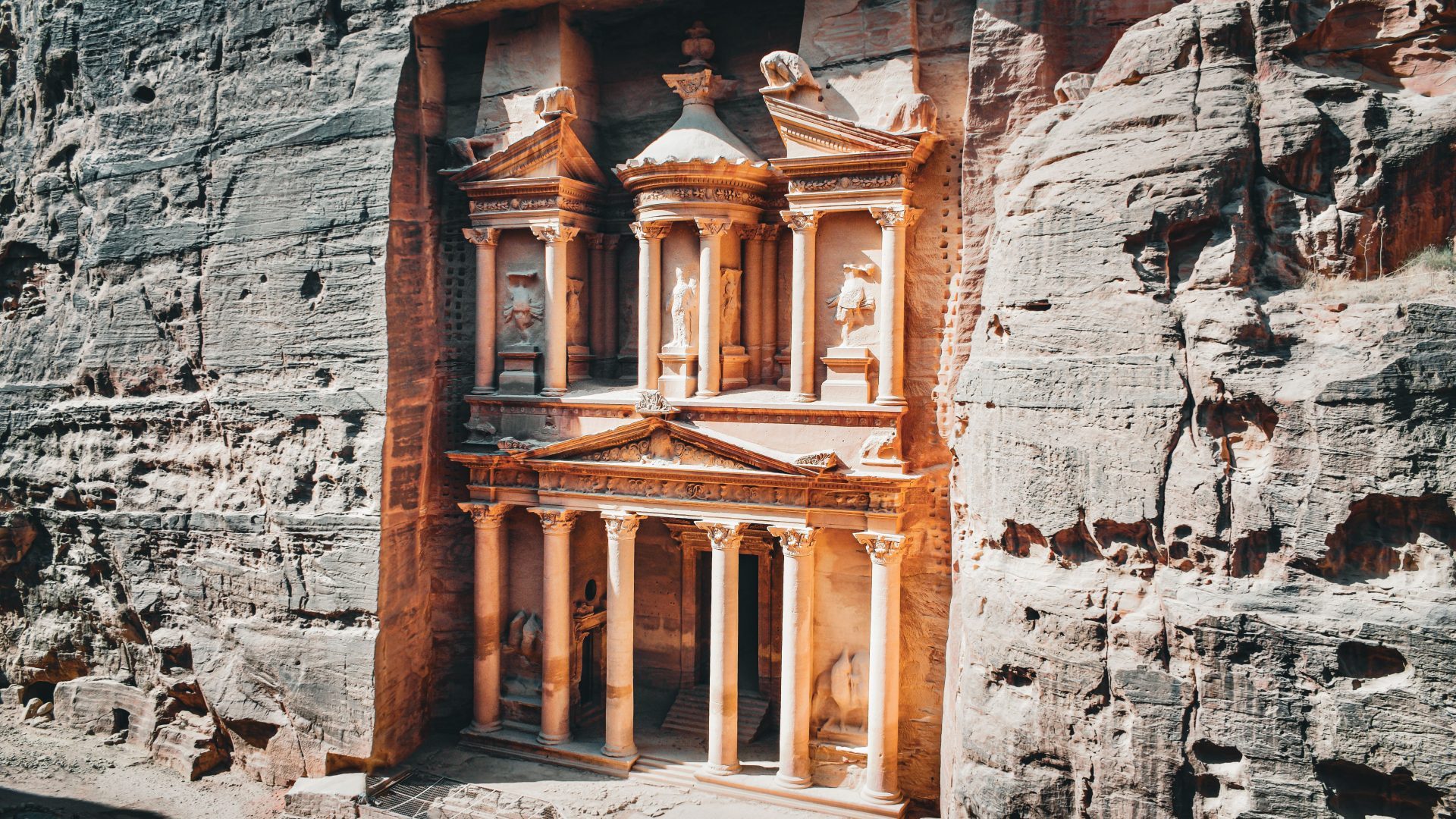 Al-Khazneh Treasury carved into the sandstone cliffs of Petra Jordan