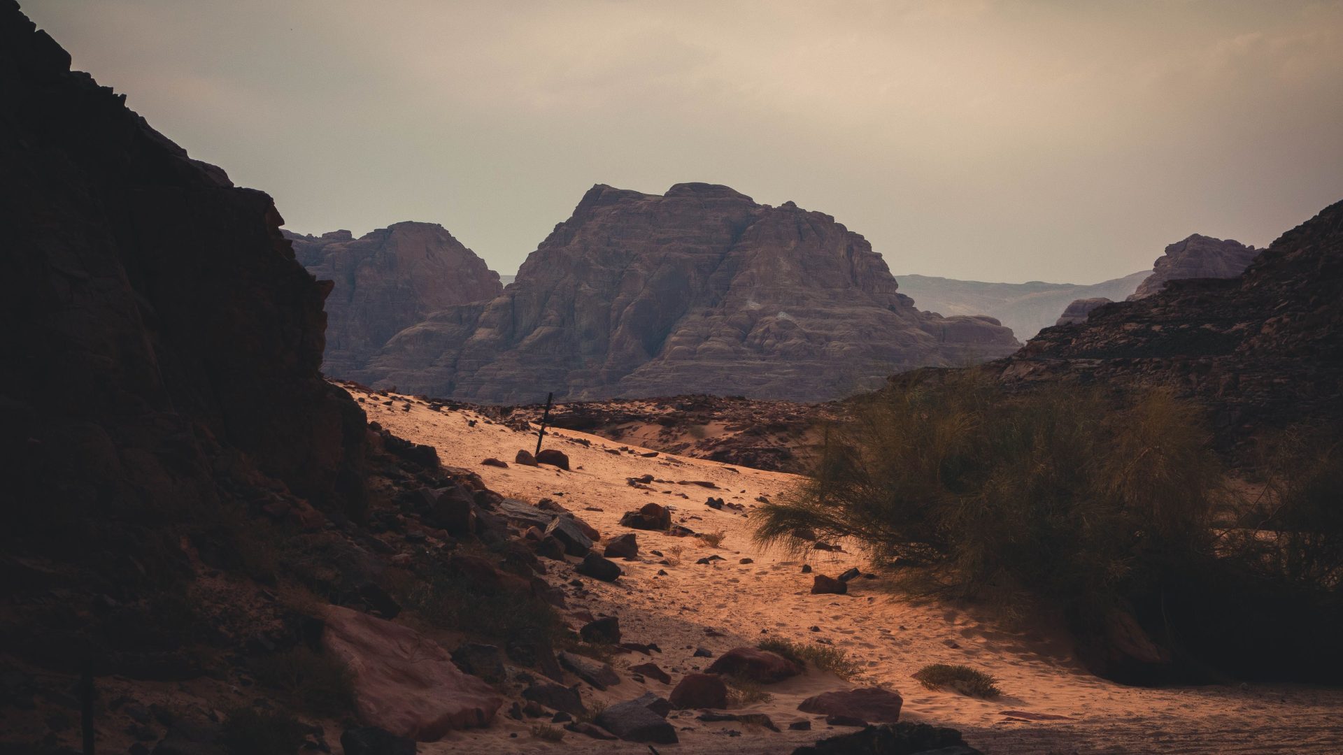 Wadi Rum desert landscape with sandstone mountains in Jordan