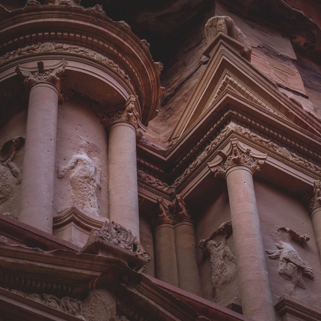 Close-up view of the Treasury's carved columns and facade in Petra, Jordan