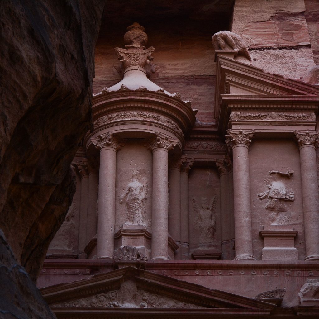 The Monastery carved into the rose-red cliffs of Petra, Jordan