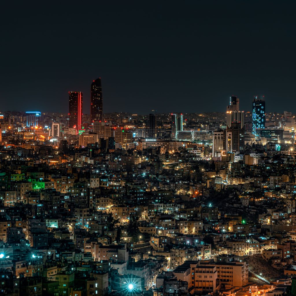 Amman city skyline illuminated at night, Jordan