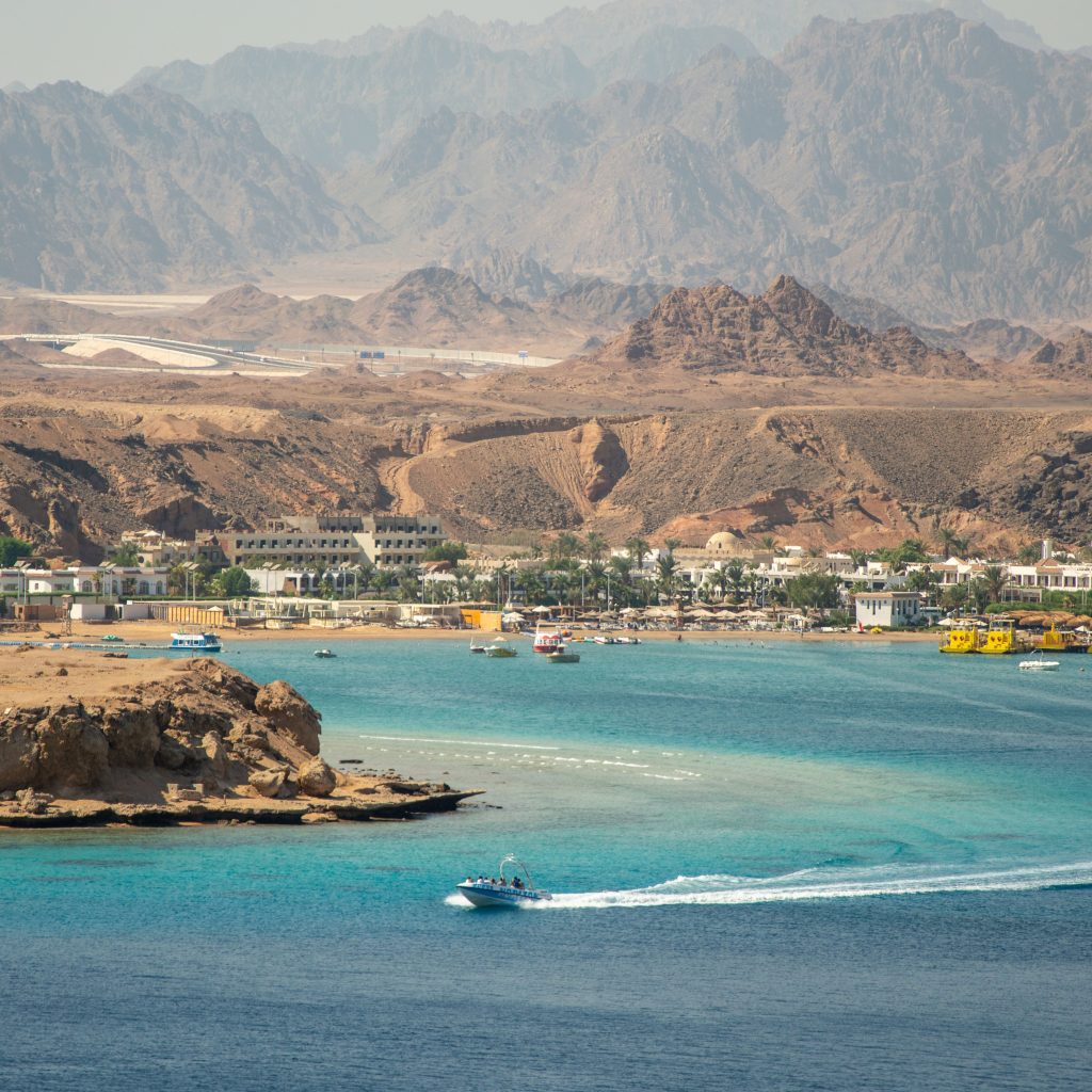 Aerial view of Aqaba coastline, Red Sea, and surrounding mountains in Jordan