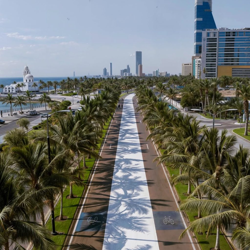 Palm-lined waterfront promenade with a wide central pathway, a white mosque beside the sea, and modern high-rise buildings.